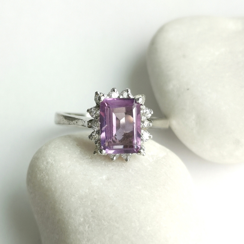 Amethyst White Topaz Halo ring Sterling Silver Size 6